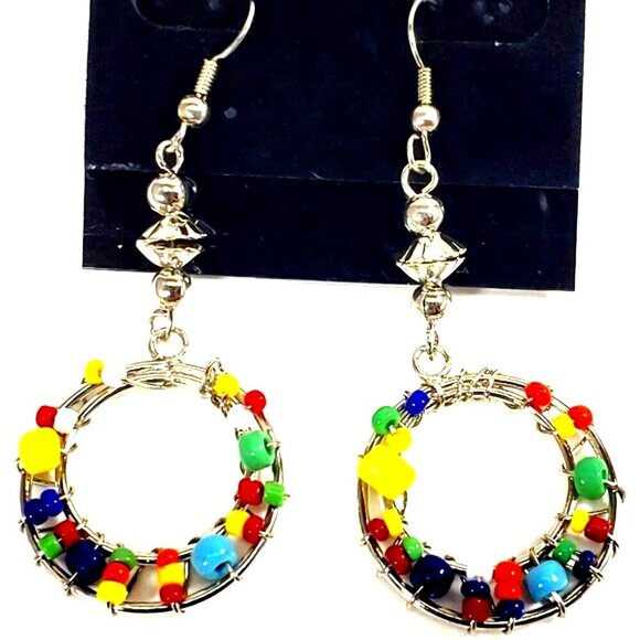 Handmade Colorful Beaded Silver tone Wire Drop Earrings Boho Festival Jewelry - Picture 1 of 8